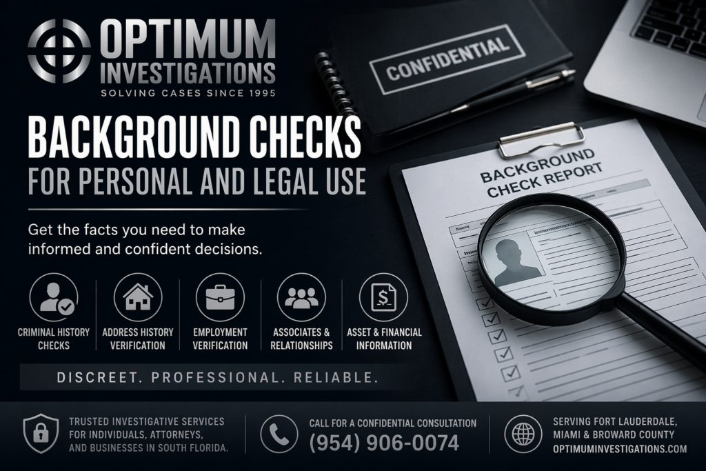 Background checks for personal and legal use in South Florida showing confidential report and professional investigation services by Optimum Investigations
