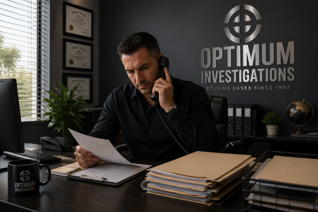 Private investigator reviewing case files while speaking on the phone in a modern office setting across multiple South Florida locations