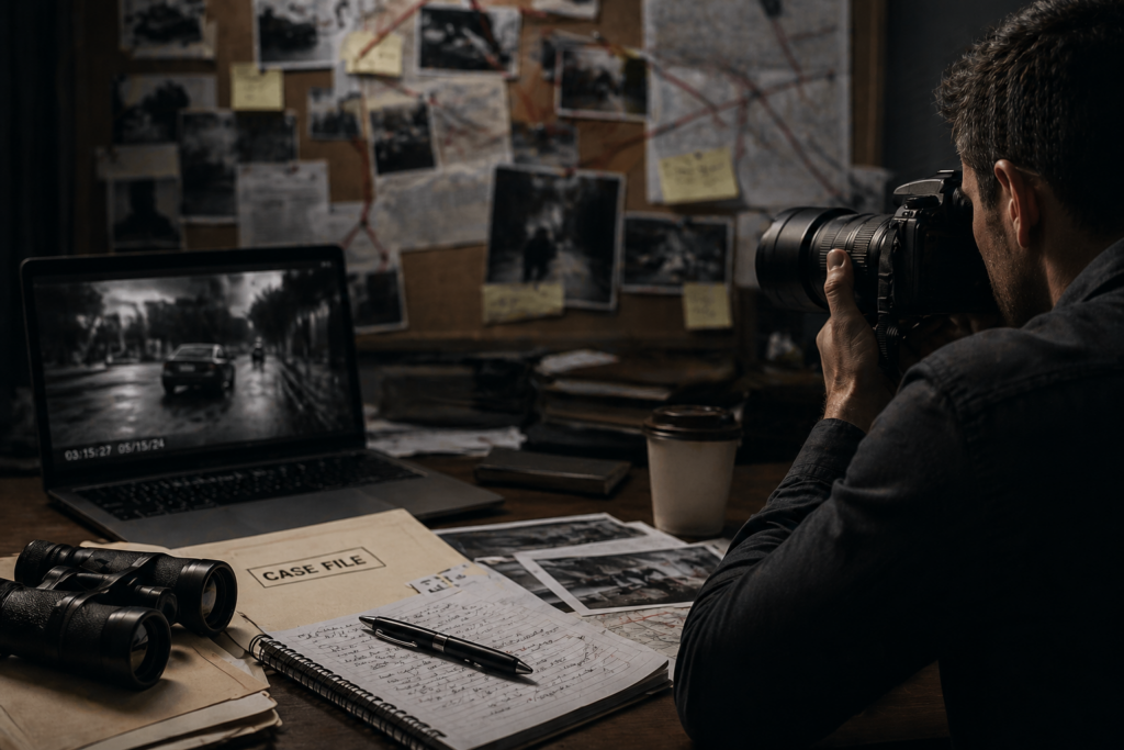 Private investigator reviewing surveillance evidence in Hallandale Beach Florida