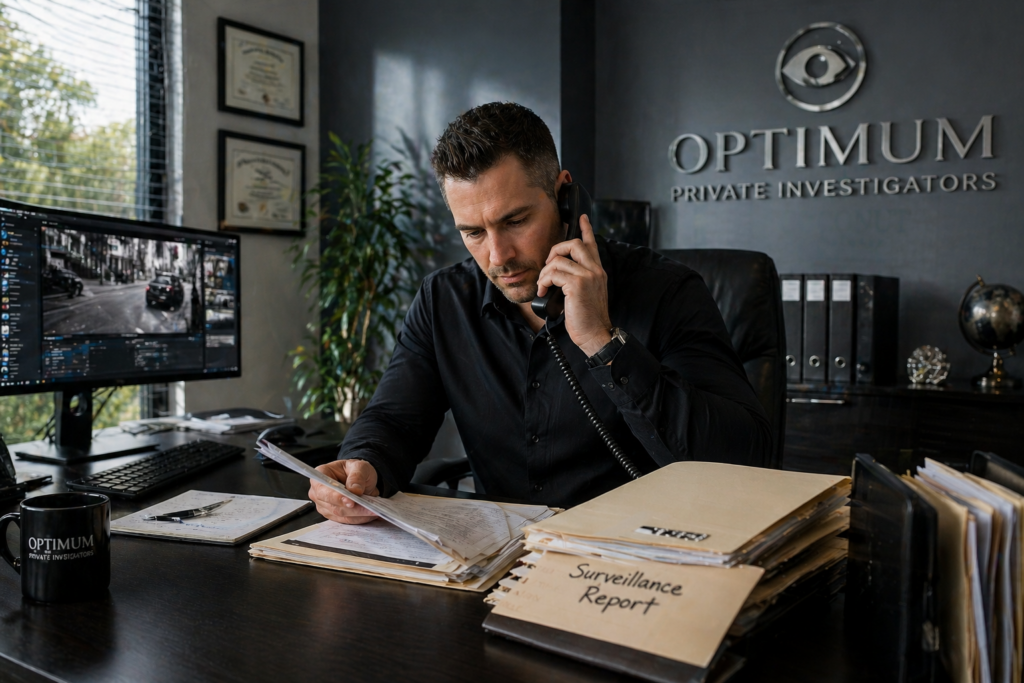 Private investigator reviewing case files while speaking on the phone in a modern office in Coconut Creek Florida