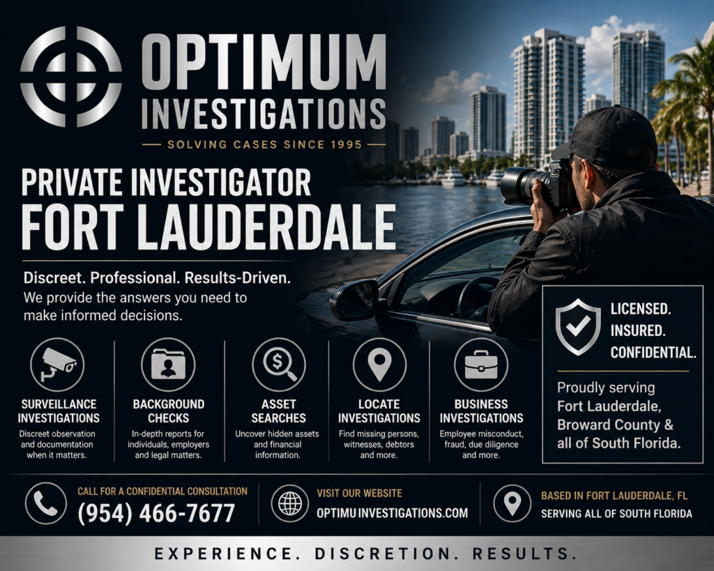 Private investigator in Fort Lauderdale conducting surveillance from vehicle with Optimum Investigations branding and South Florida skyline in background