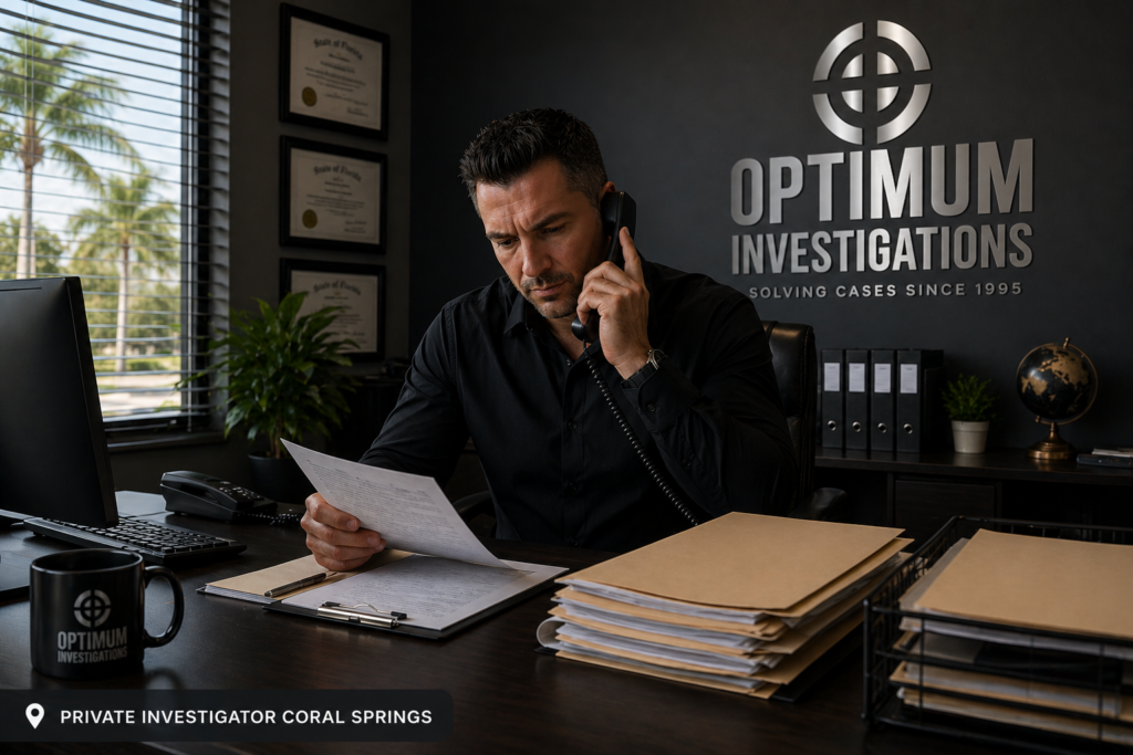 Private investigator reviewing case files while speaking on the phone in a modern office in Coral Springs Florida