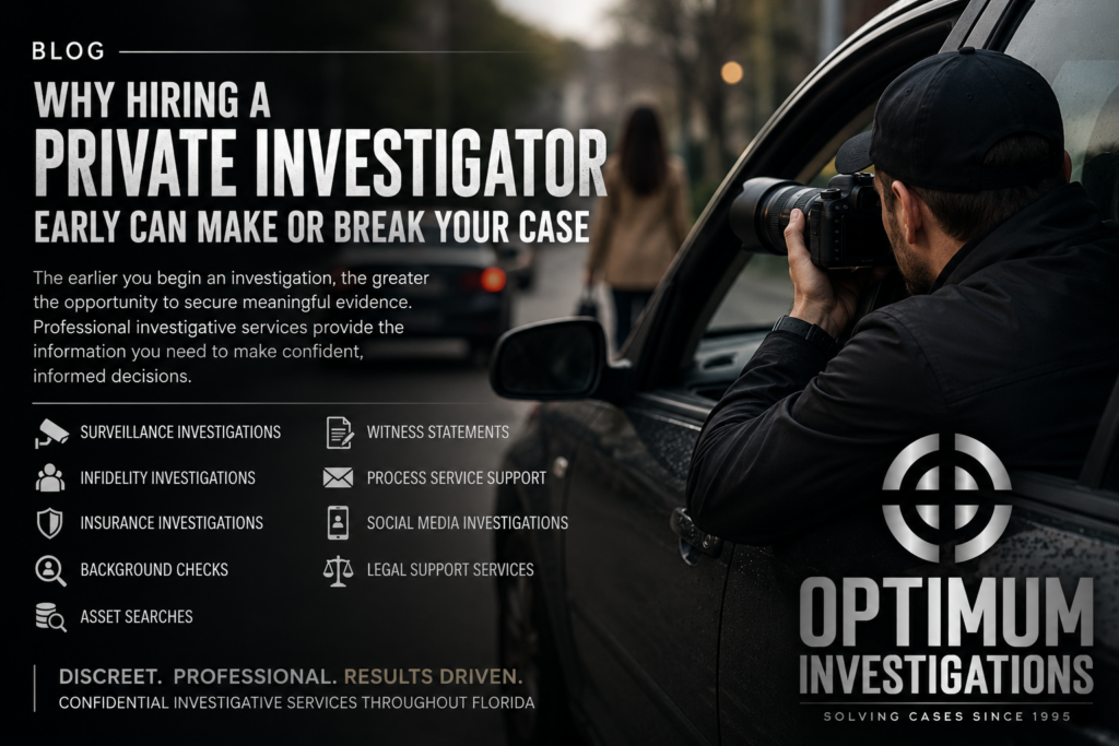 Private investigator conducting surveillance in South Florida with professional investigative services offered throughout Fort Lauderdale, Broward County, Miami-Dade, and Palm Beach County.