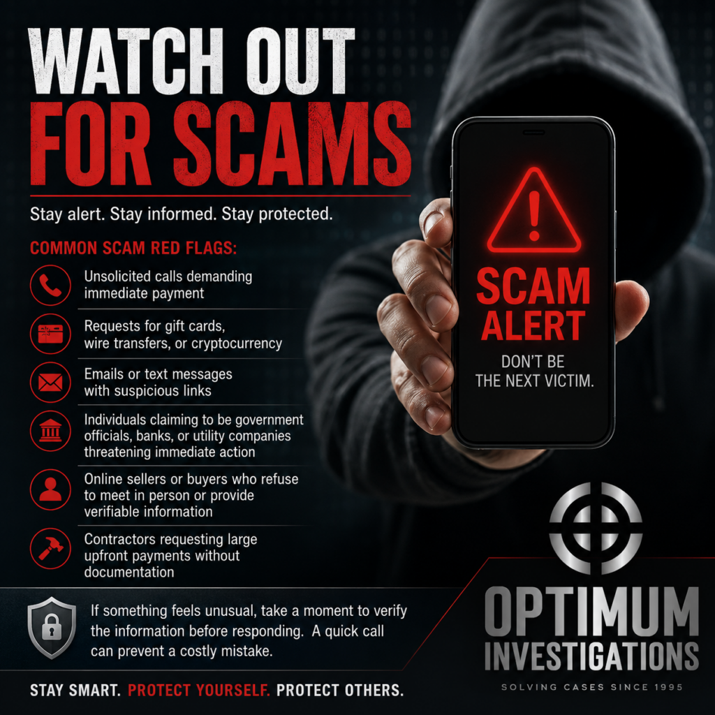 "Promotional graphic warning consumers about scams. The image features a dark background with a hooded individual holding a smartphone displaying a red 'Scam Alert' warning. Large text reads 'Watch Out for Scams' and lists common scam red flags, including unsolicited payment demands, suspicious links, gift card requests, impersonation of government agencies or banks, unverifiable online transactions, and contractors requesting large upfront payments. The Optimum Investigations logo appears in the lower right corner with the tagline 'Solving Cases Since 1995.'"