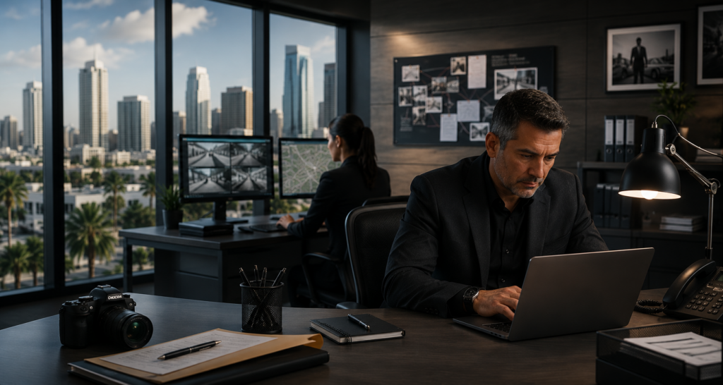 Professional private investigators working in a modern South Florida office