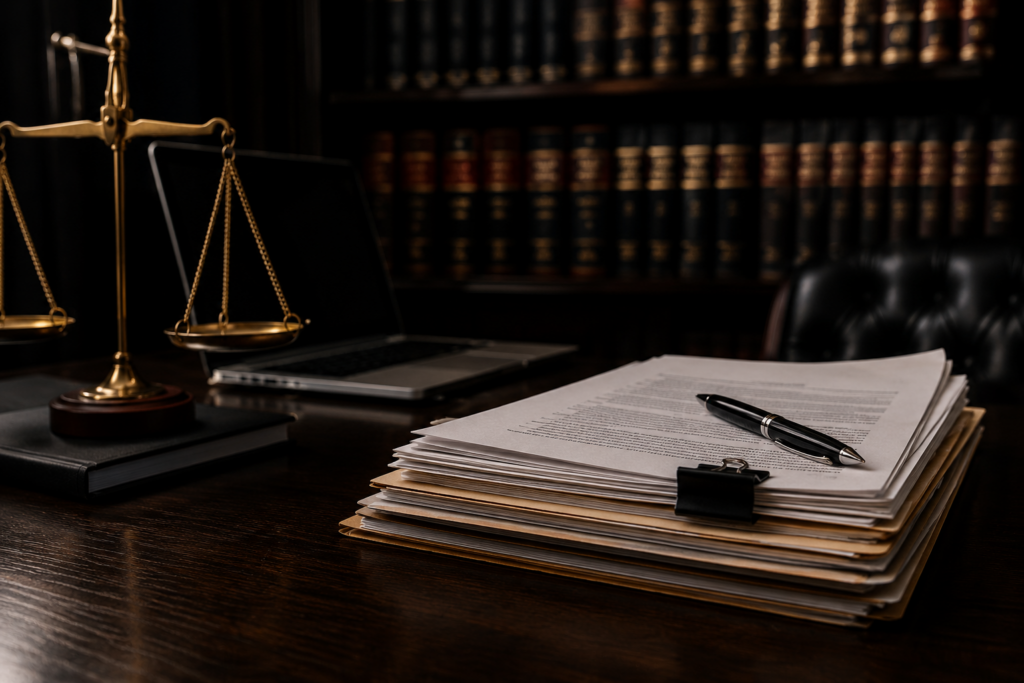 Legal investigation case files and documents on a desk in a professional law office setting.