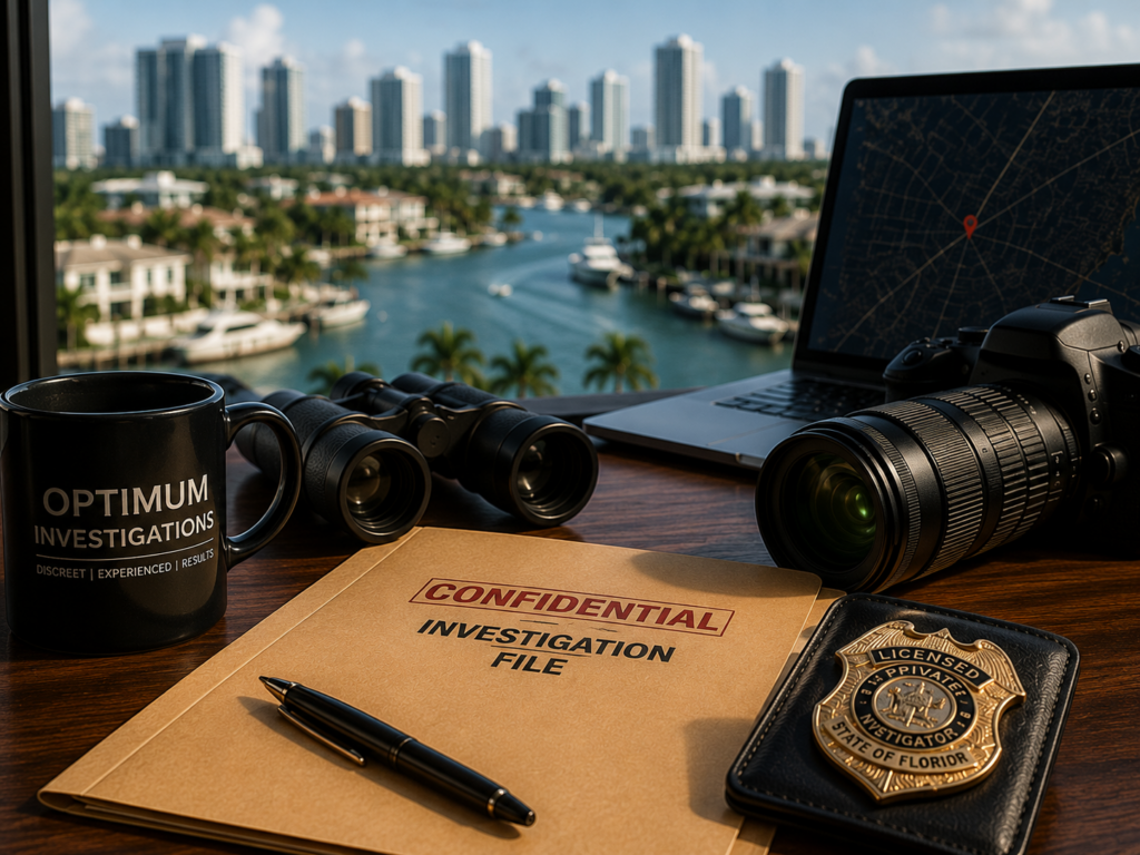 Private investigator workspace overlooking Fort Lauderdale waterways with surveillance equipment, camera, binoculars, and investigative case files.