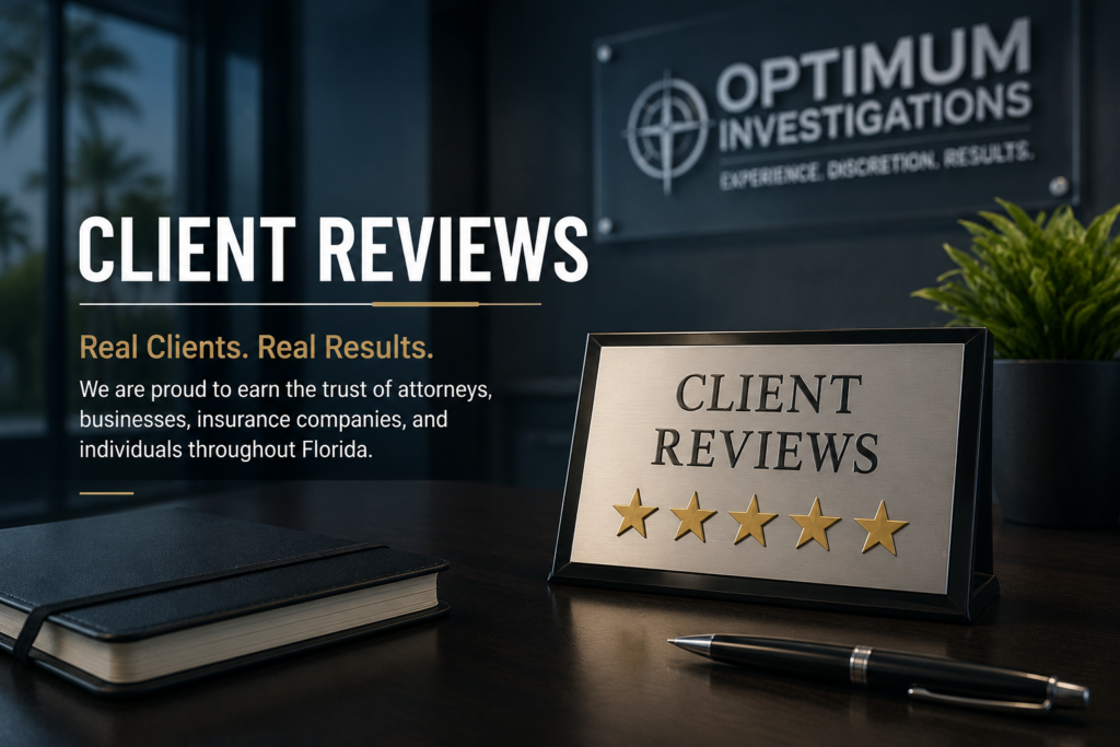Client reviews and five-star testimonials for Optimum Investigations, a licensed Florida private investigation agency.