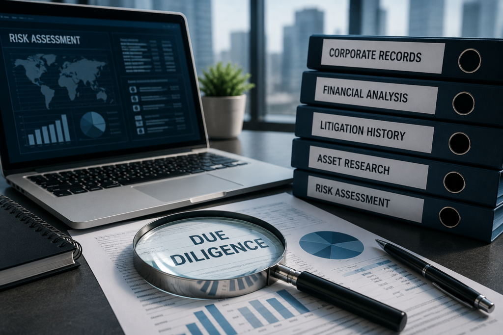 Professional due diligence investigation workspace with corporate records, financial documents, and business research materials.
