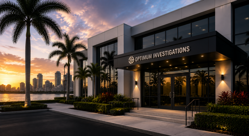 Hero image for the Optimum Investigations home page featuring a modern corporate office building overlooking the South Florida skyline. The image represents professionalism, trust, and more than 30 years of experience providing surveillance, background investigations, insurance defense investigations, infidelity investigations, child custody investigations, and litigation support throughout Fort Lauderdale, Broward County, and South Florida.