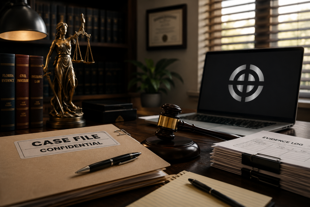 Professional legal investigations office with case files, gavel, Lady Justice statue, and Optimum Investigations logo representing legal investigative services throughout South Florida.