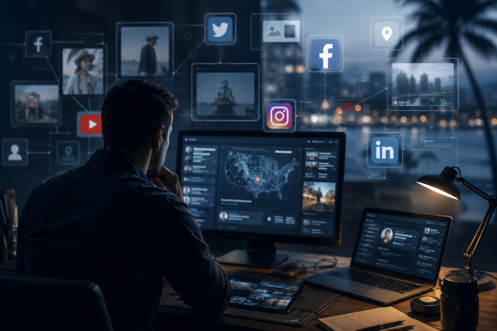 Private investigator conducting a professional social media investigation using advanced digital intelligence and online research tools in Florida.