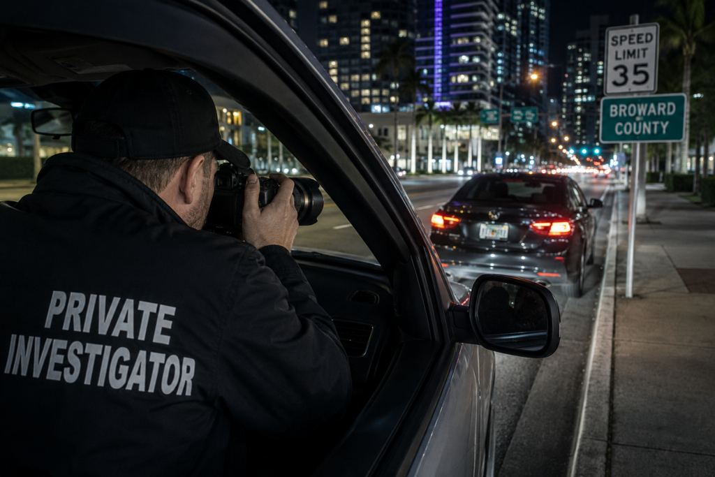 Private Investigator conducting a nighttime surveillance investigation in South Florida from an unmarked vehicle.