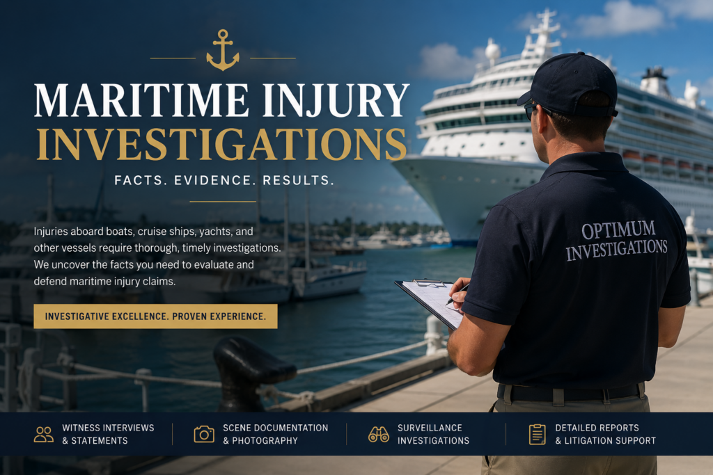 Private investigator documenting a maritime injury investigation near a cruise ship and marina in South Florida.