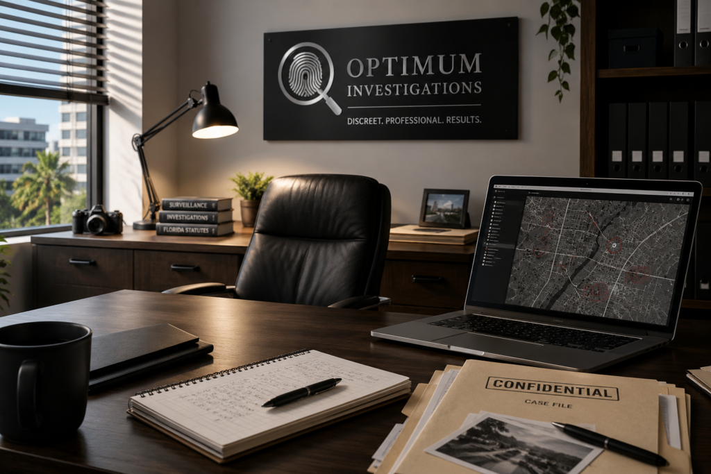 Modern private investigator office featuring Optimum Investigation branding, investigative workspace, case files, camera equipment, and professional office environment.