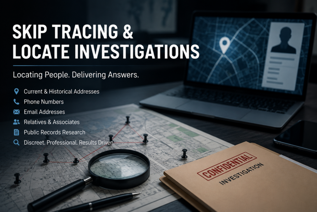 Professional skip tracing and locate investigations by a licensed Florida private investigator using public records, databases, and investigative research to locate individuals.